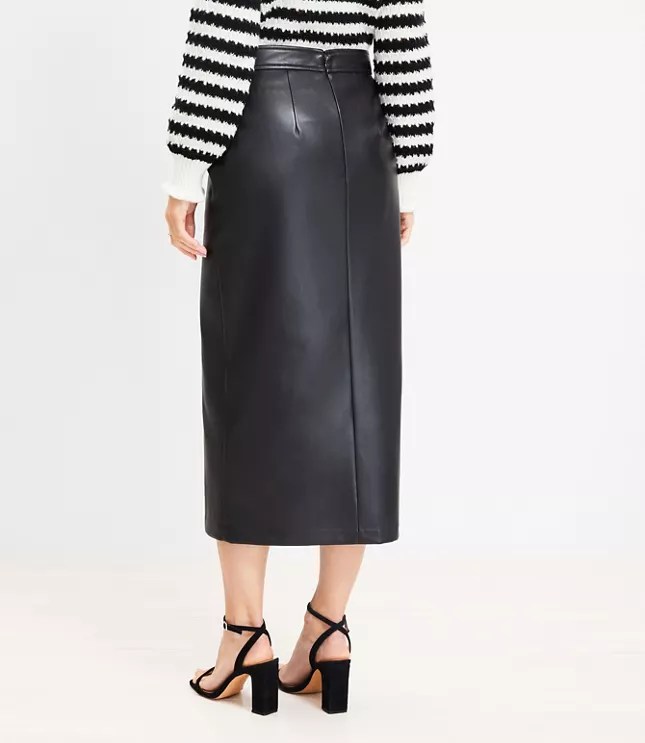 Faux Leather Front Slit Midi Skirt