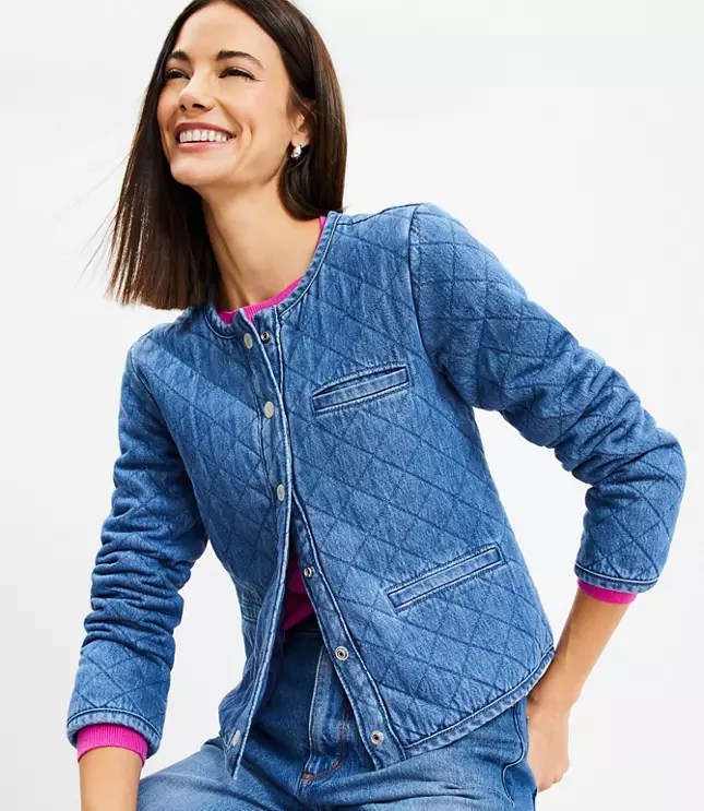 Petite Quilted Denim Jacket in Mid Indigo Wash