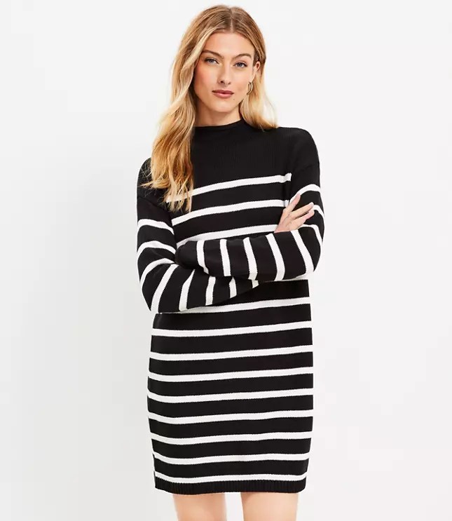 Striped Drop Shoulder Mock Neck Sweater Dress