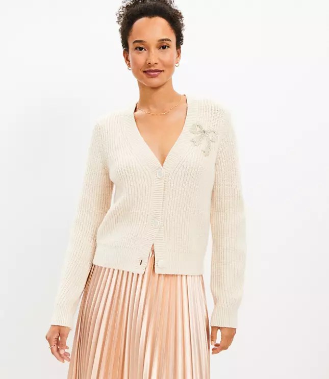 Sparkle Bow Ribbed VNeck Cardigan