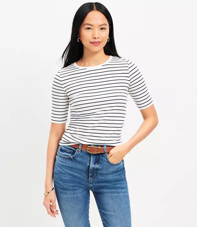 Stripe Perfect Ribbed Elbow Sleeve Tee