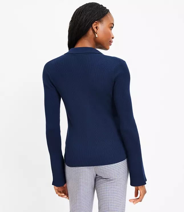 Ribbed Flare Sleeve Polo Sweater