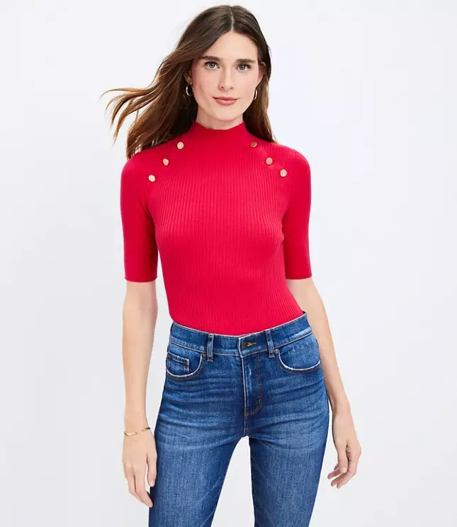 Ribbed Shoulder Button Mock Neck Sweater