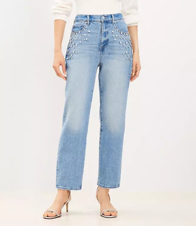 Rhinestone High Rise Straight Jeans in Vintage Distressed Wash
