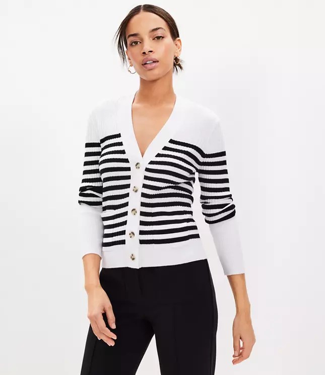 Stripe Mixed Ribbed Pocket VNeck Cardigan