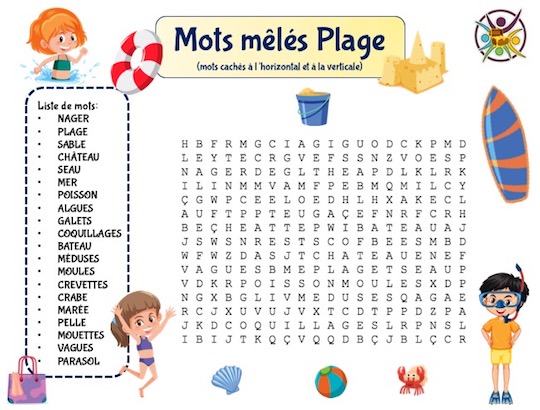 Mots mêlés Plage Jeu à imprimer Un Anniversaire en Or