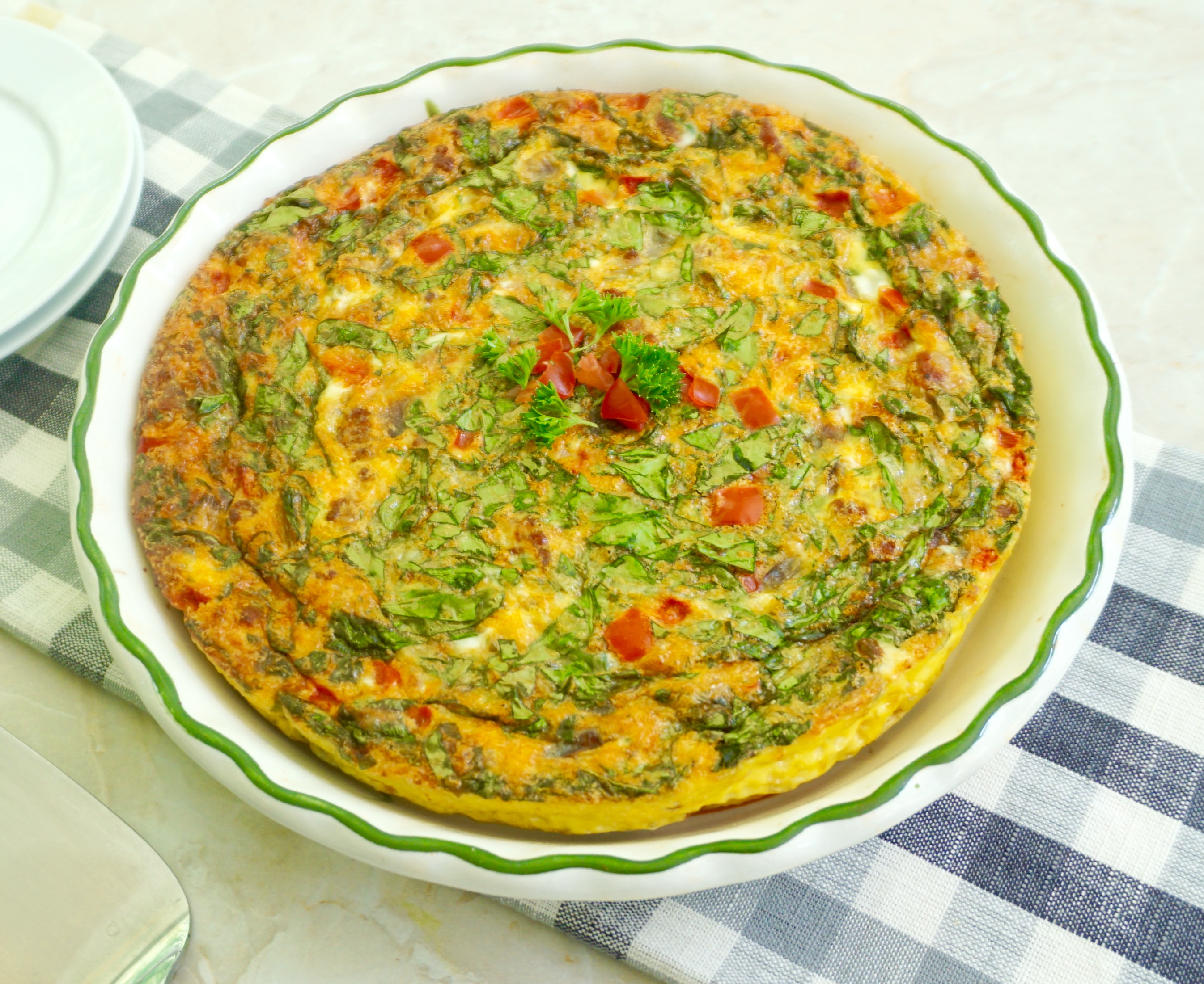 Chorizo Frittata is eggs baked with sausage and veggies