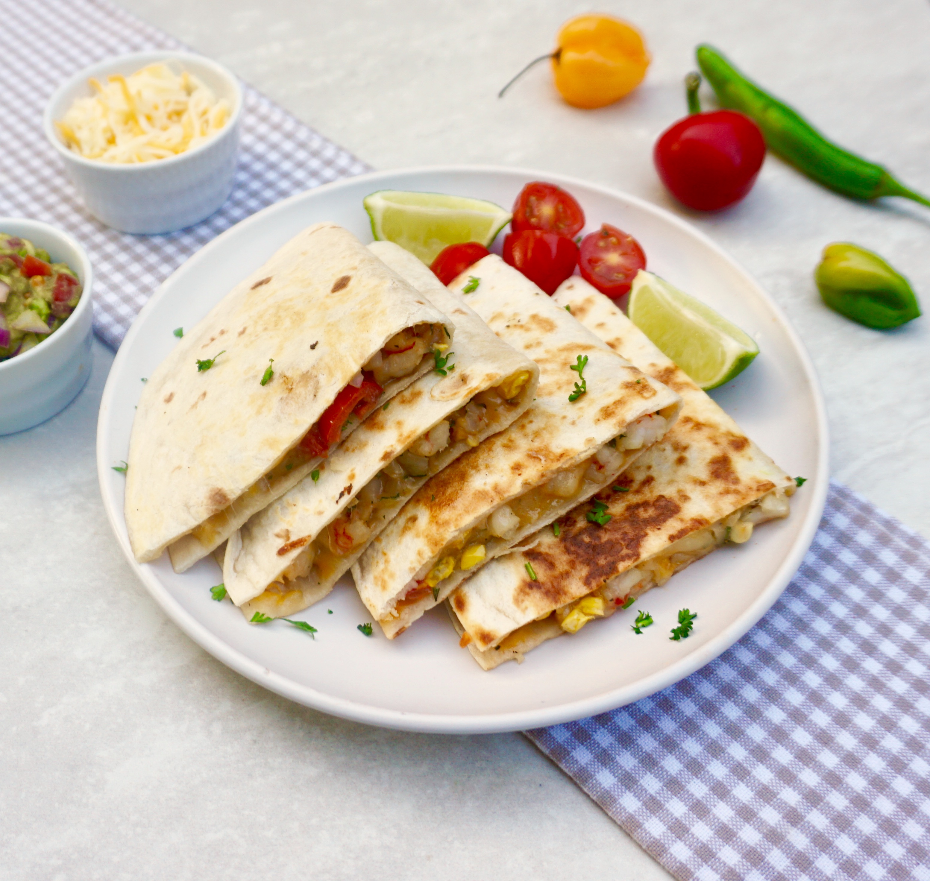 Summer Shrimp Quesadilla is full of fresh summer sweet corn and tomato.