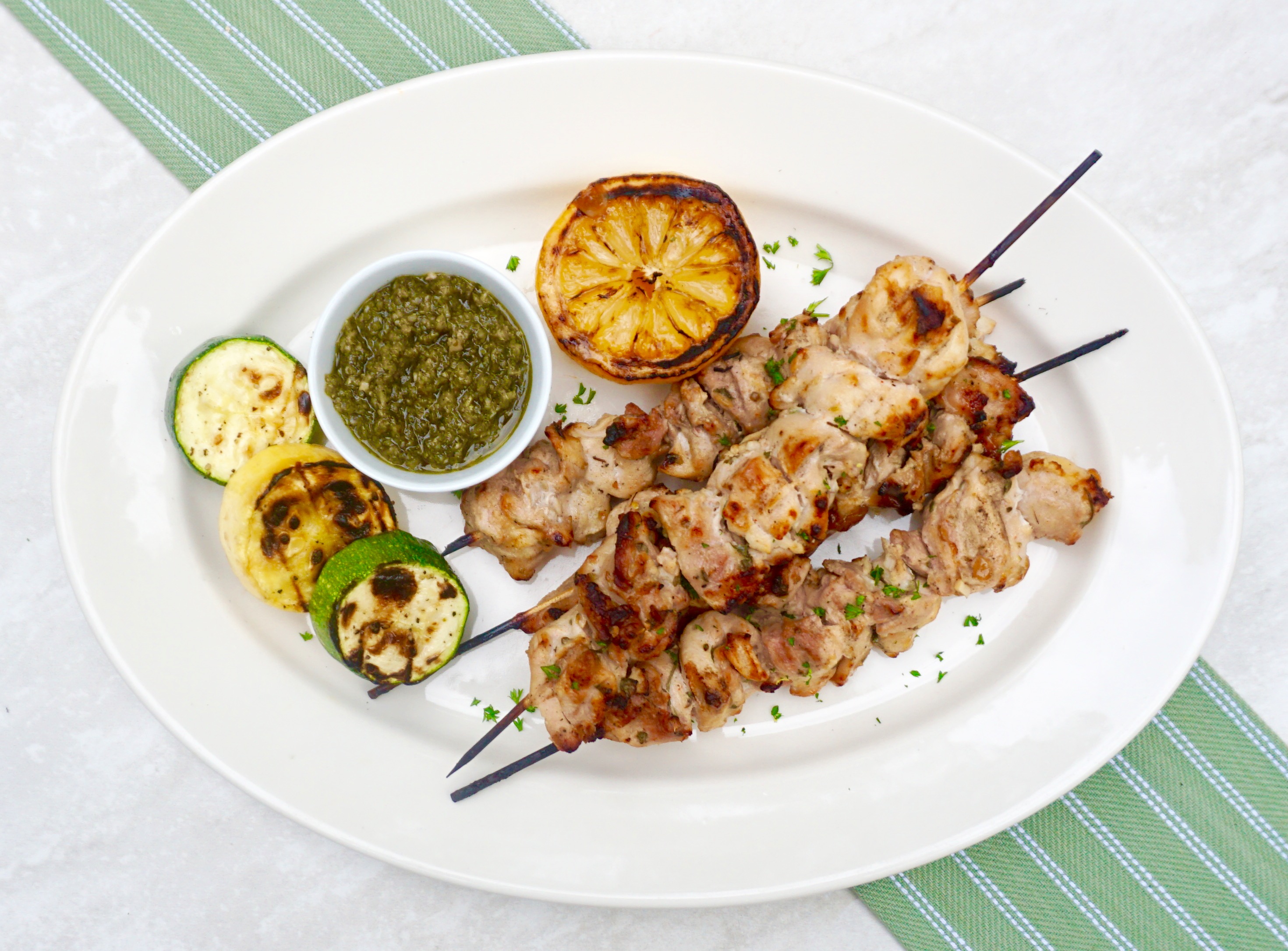 Lemon Yogurt Chicken Kabobs with Chimichurri Sauce