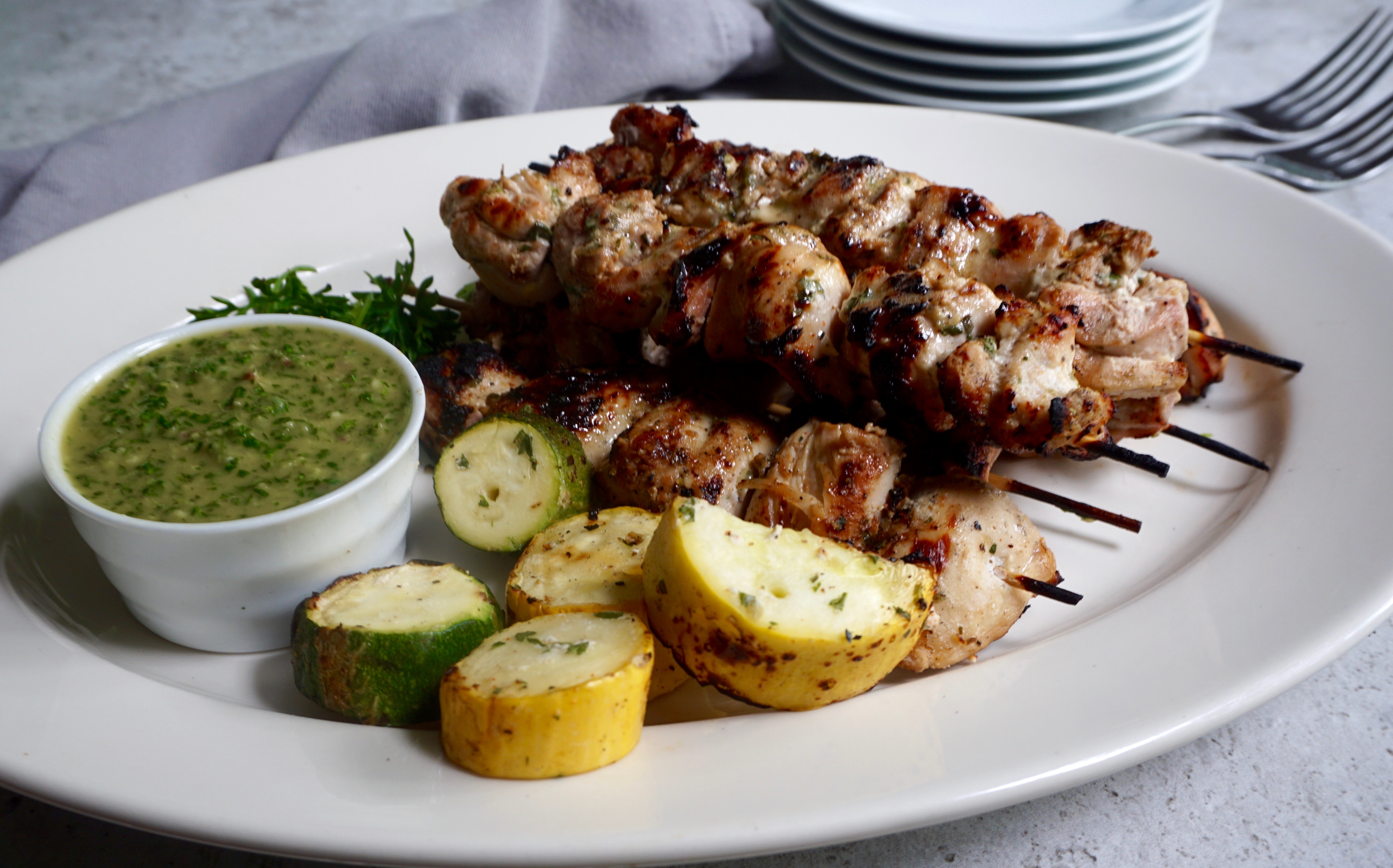 Lemon Yogurt Chicken Kabobs with Chimichurri Sauce
