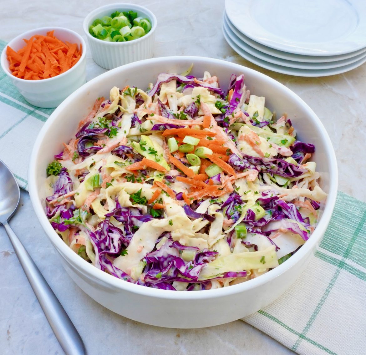 Tri Color Cole Slaw is a creamy vegetable side salad.