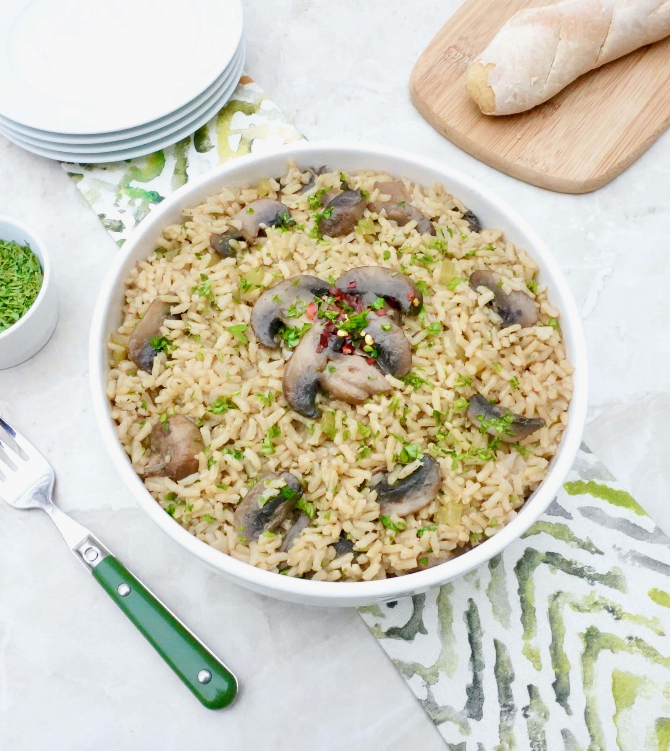 Mushroom Brown Rice Pilaf is a vegan, gluten free side dish