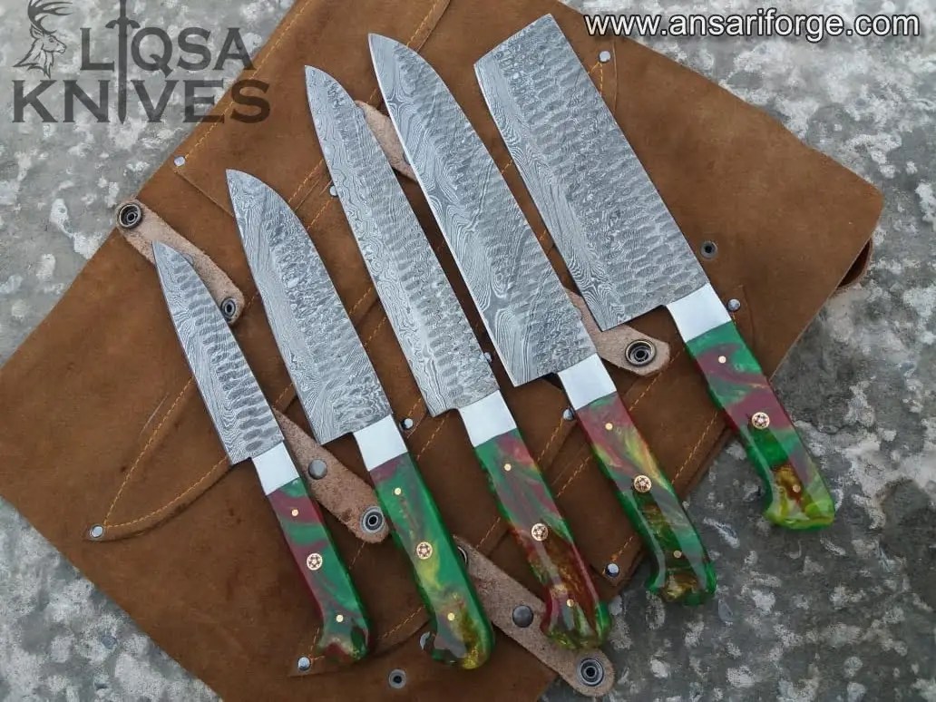 Handmade Damascus steel chef knife stet 5 pieces outdoor BBQ kitchen