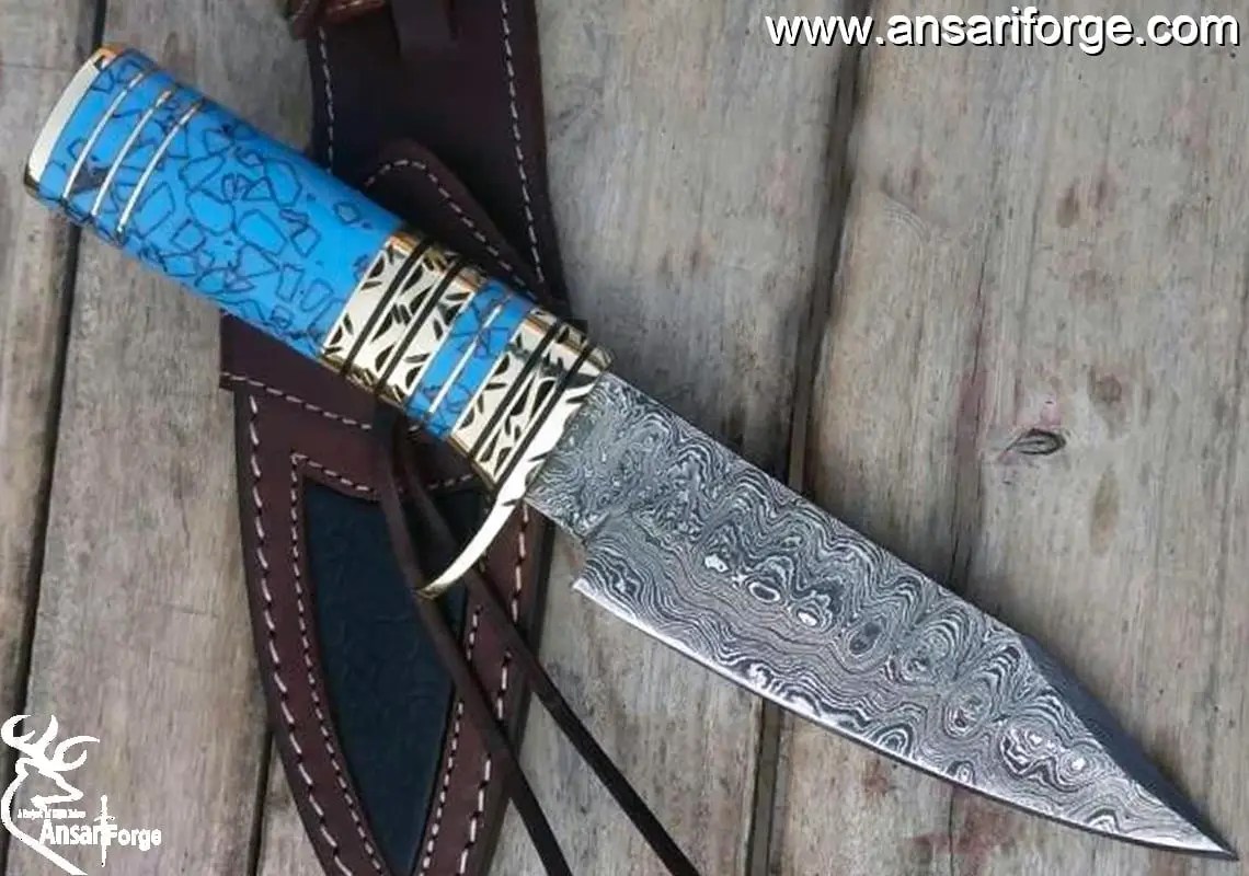 Custom Damascus knife Turquoise Gemstone handle, Damascus steel hunter knife Damascus skinner