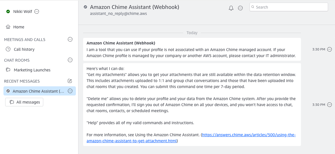 Using the Amazon Chime Assistant to get attachments or request that