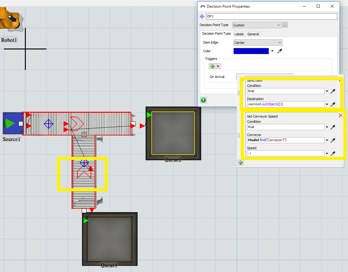 Conveyor belt bidirectional setting through conveyor speed FlexSim