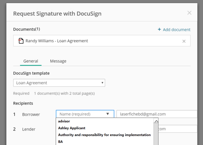 Is there a way to autopopulate the docusign recipient name and email