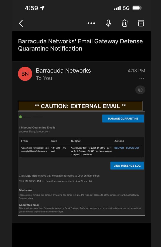 Barracuda Networks quarantine notification for laserfiche email
