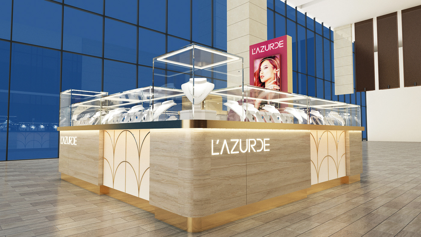 Shiny Jewelry Kiosk Golden Jewelry Counter Custom Jewelry Displays In Mall