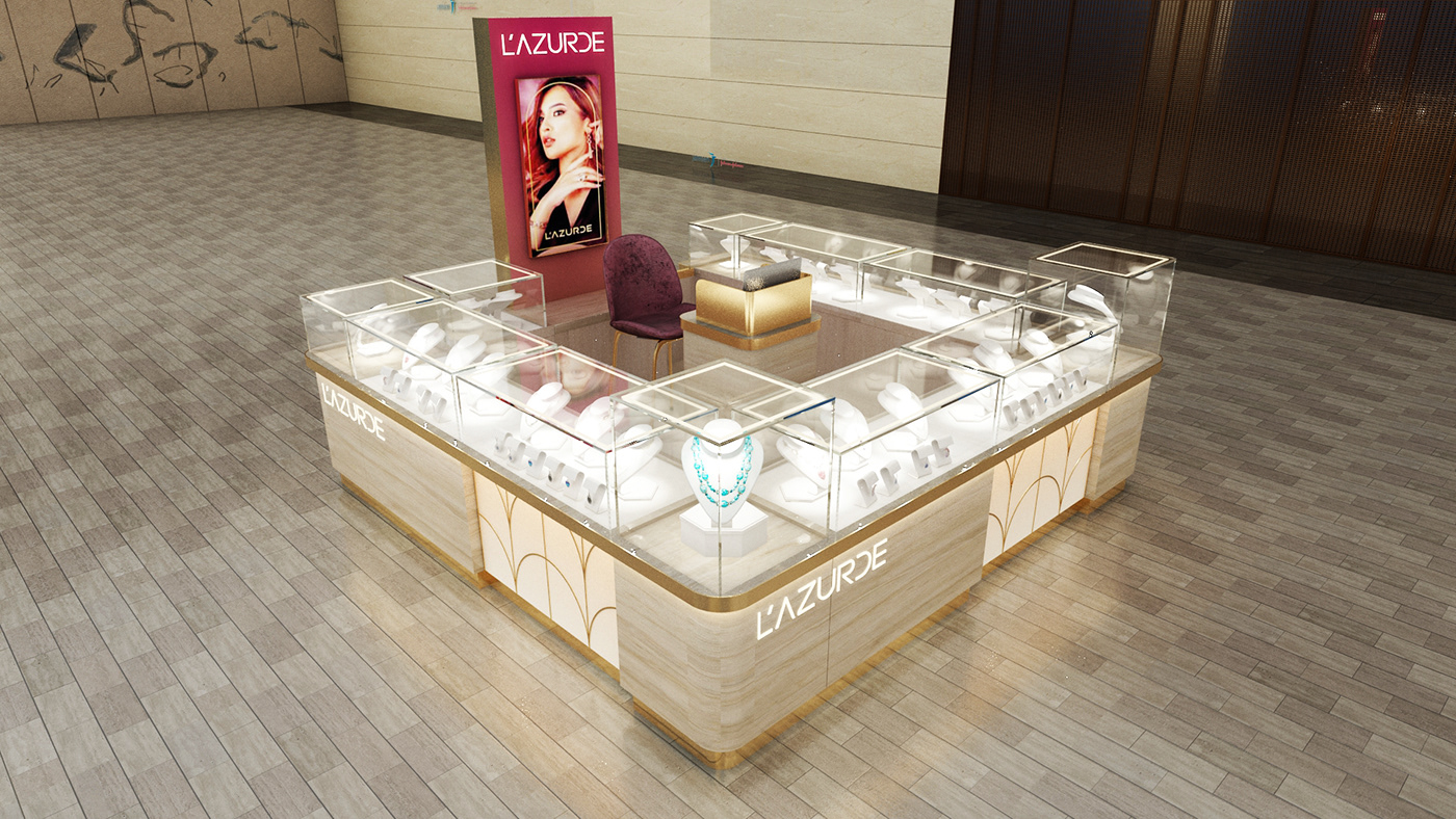 Shiny Jewelry Kiosk Golden Jewelry Counter Custom Jewelry Displays In Mall