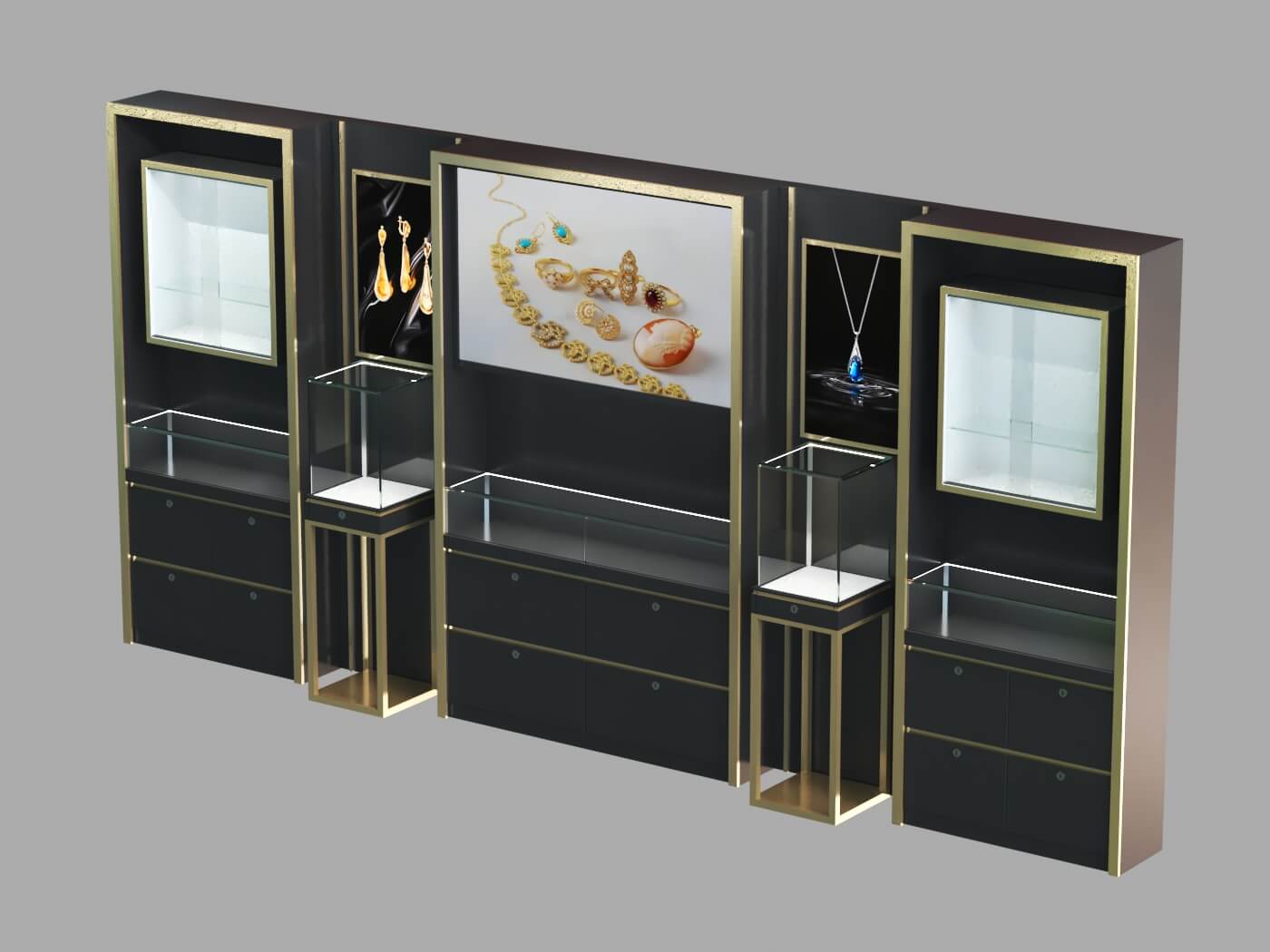 Highend Jewelry Store Wall Display Black Gold Custom Wall Showcase