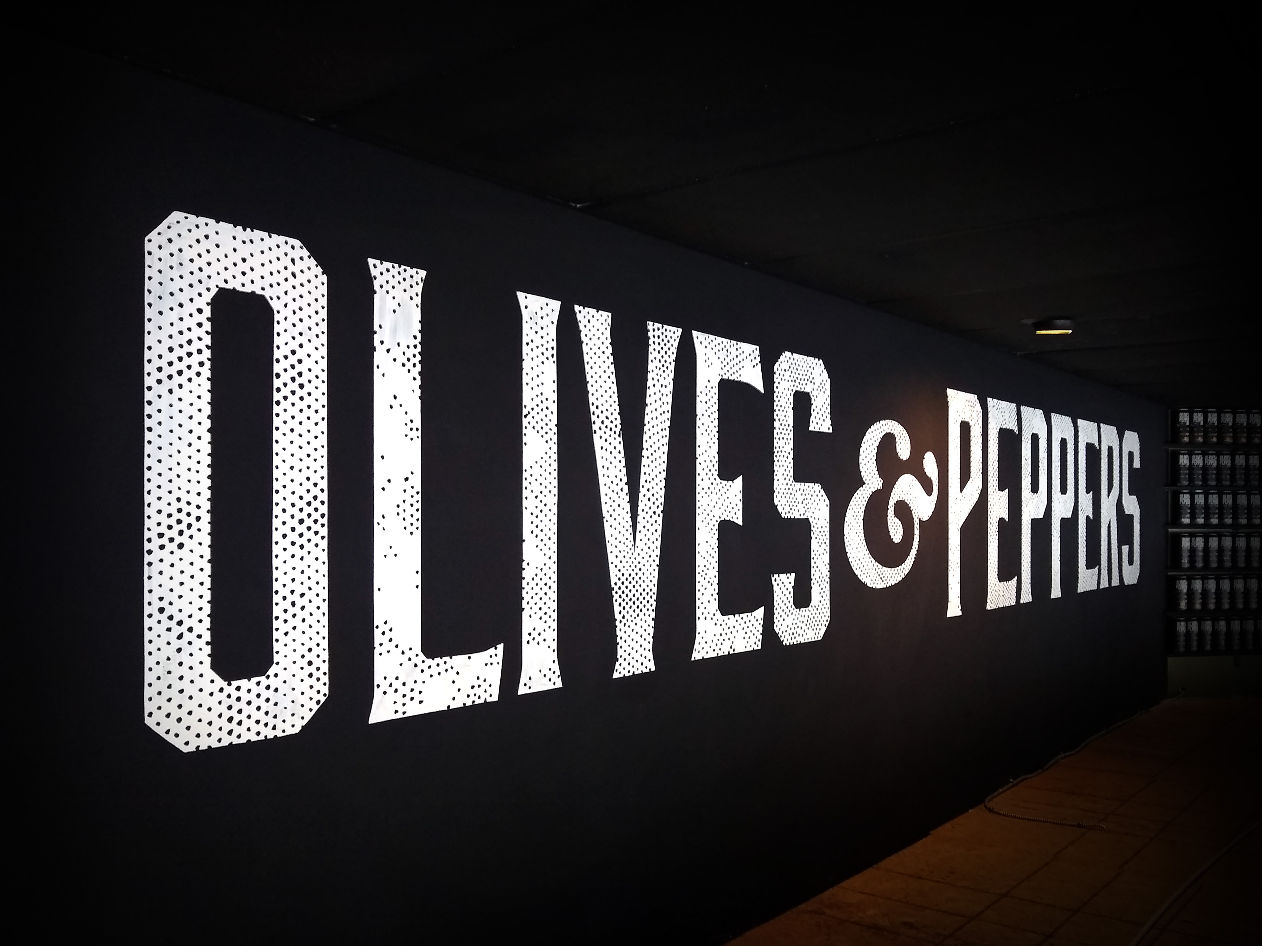 handpainted texture pattern logo, Olives & Peppers, Trafford, PA