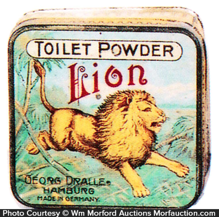 Antique Advertising Lion Toilet Powder Tin • Antique Advertising