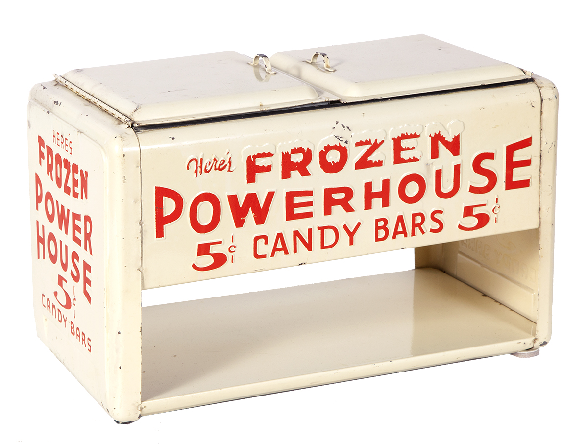 Frozen Power House Candy Bars Miniature Advertising Cooler • Antique Advertising