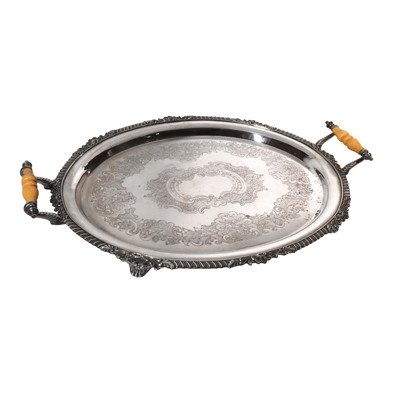 Vintage Silver on Copper Footed Serving Tray With Celluloid Handles