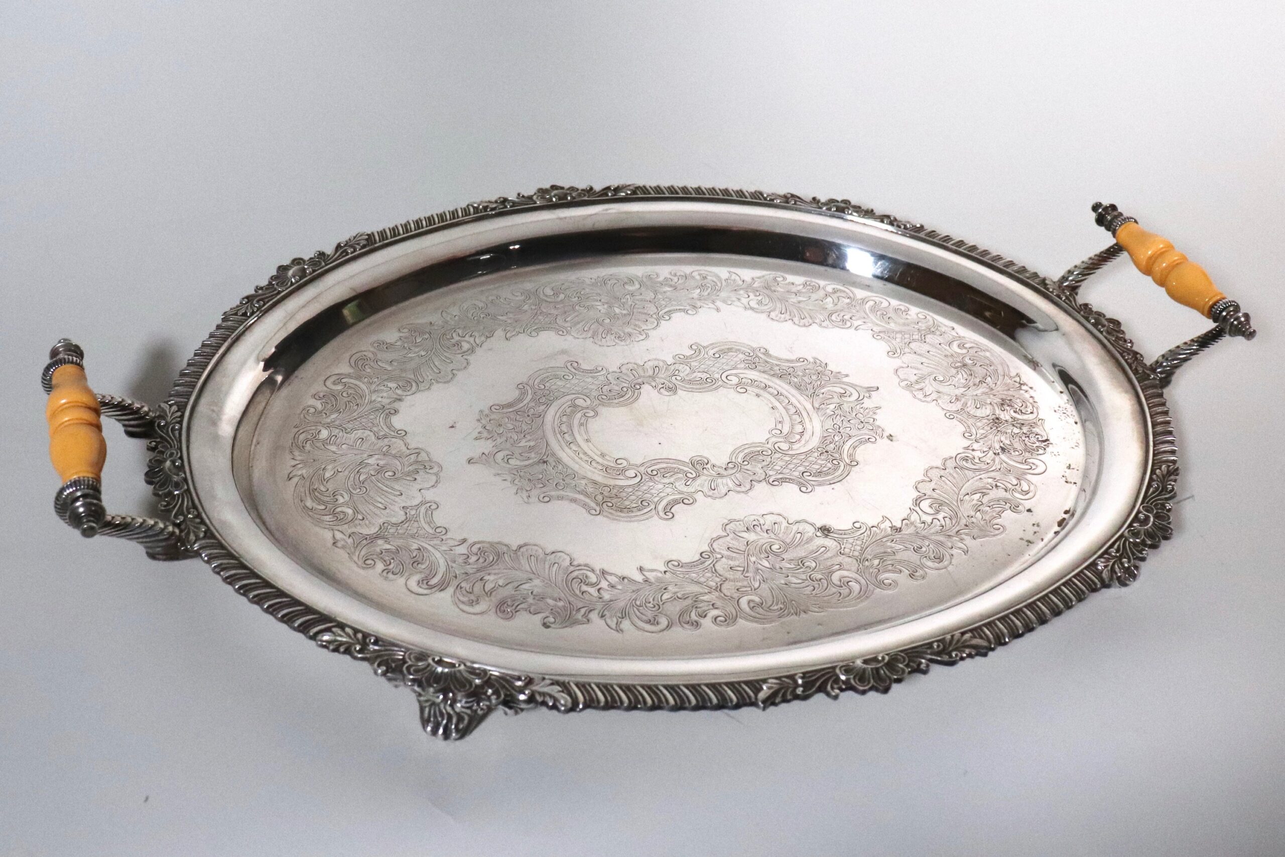 Vintage Silver on Copper Footed Serving Tray With Celluloid Handles