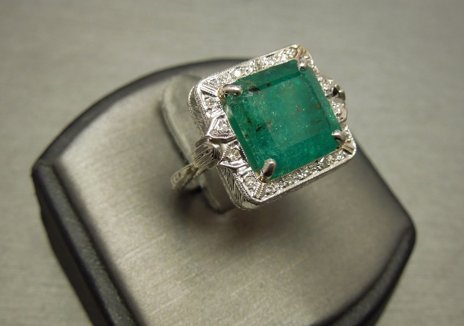 Art Deco Emerald Ring 6.82TCW Platinum Engraved C1930