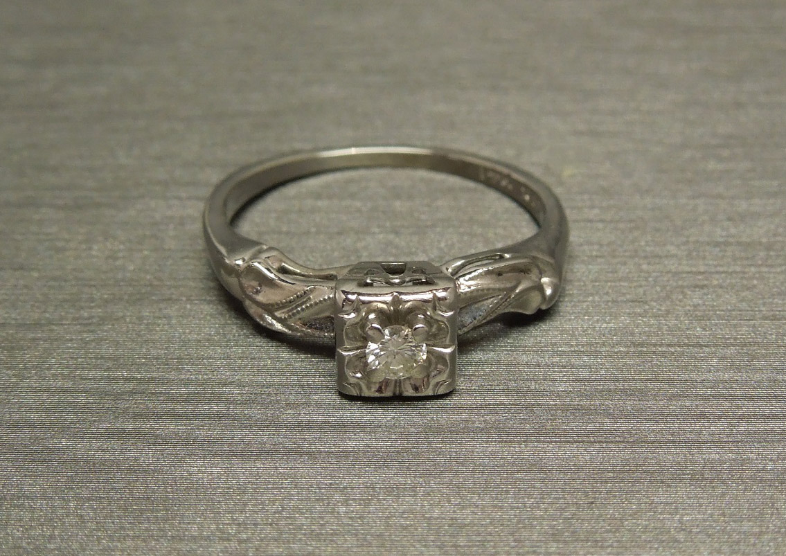 Vintage Square Diamond Engagement Ring 14K W Gold Signed C1960