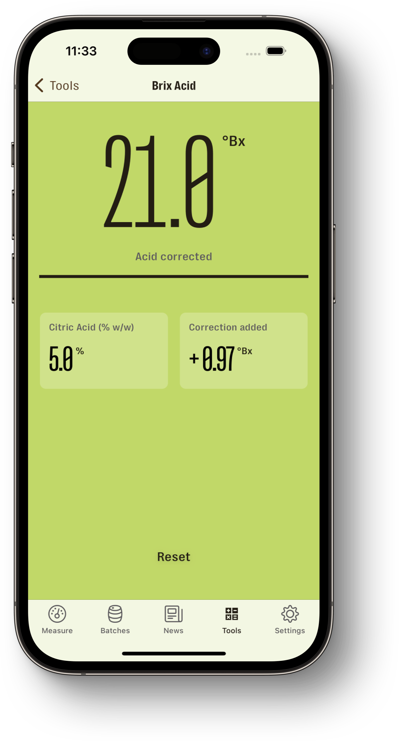 How to perform a acid correction to the Brix value with the mobile apps