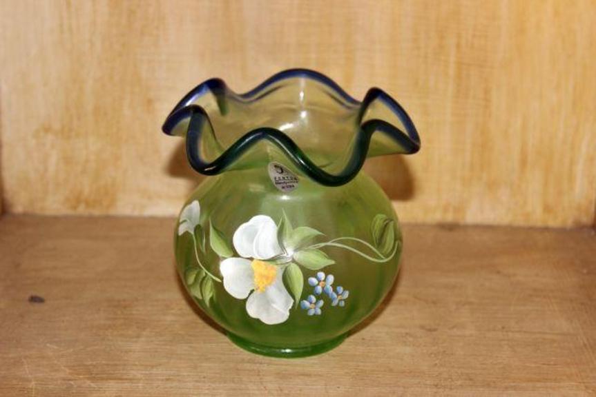 Auction Ohio Fenton Hand painted Green Vase