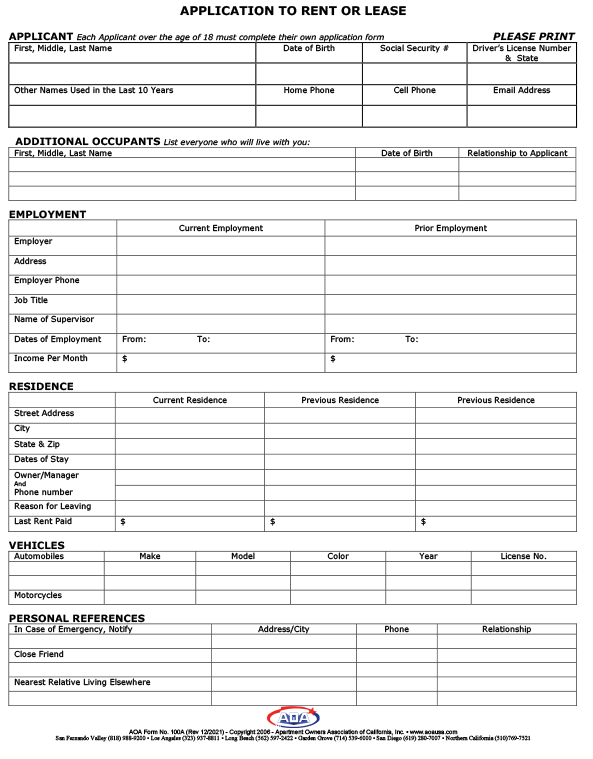 APPLICATION TO RENT OR LEASE Forms Order