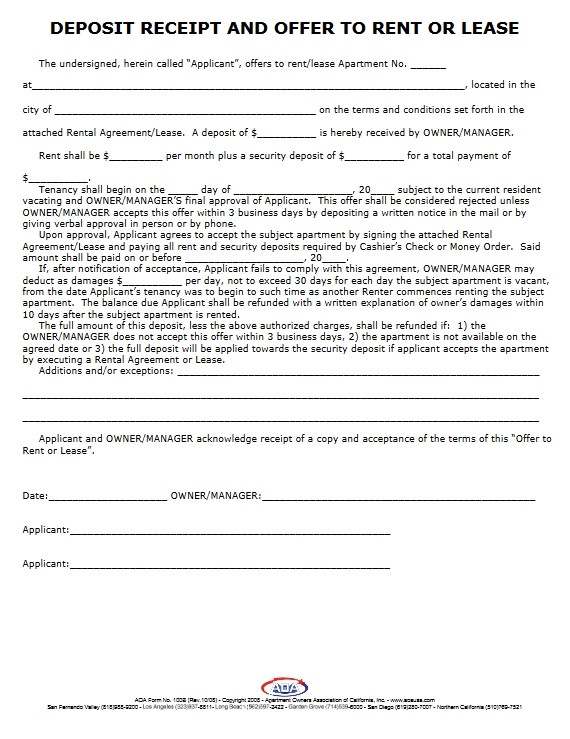 rental agreement and deposit receipt pdf fill online printable fillable