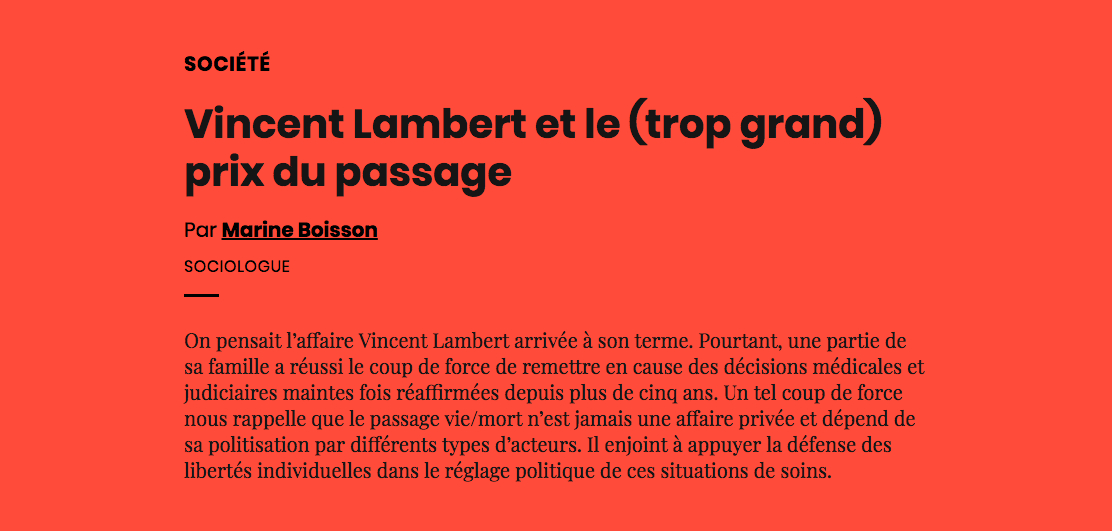Pour vincent lambert d'abord, pour sa femme rachel évidemment, pour ses frères et sœurs, mais aussi pour ses parents qui se sont lancés dans un «en situation de sédation profonde et continue, le décès de vincent lambert est la conséquence directe et exclusive de l'arrêt des traitements et. Vincent Lambert Et Le Trop Grand Prix Du Passage Aoc Media Analyse Opinion Critique