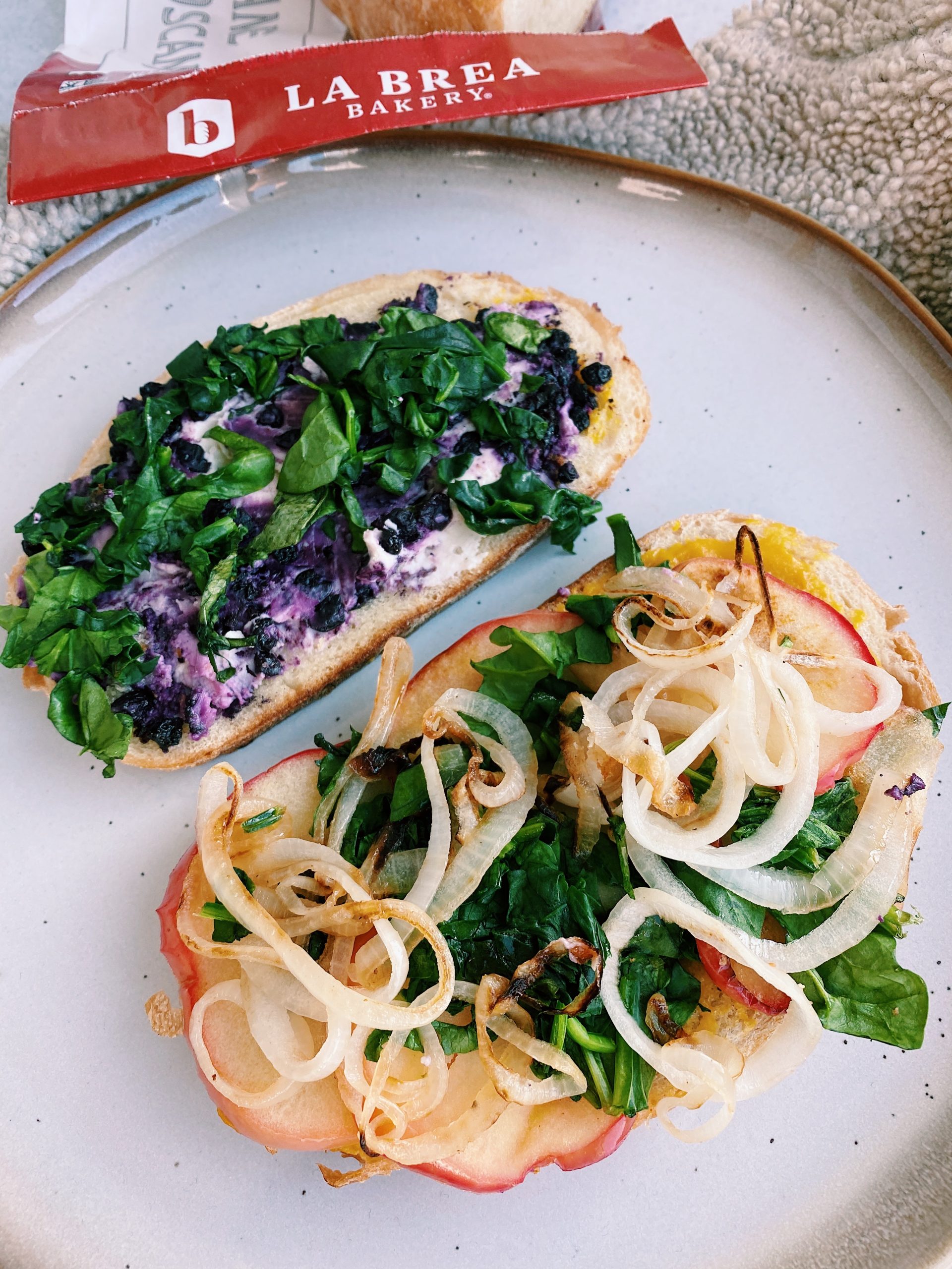 open faced chicken apple sandwich topped with goat cheese, spinach, and grilled onions.