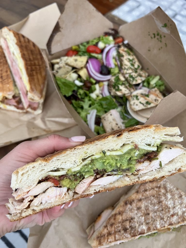 hand holding a grilled chicken and avocado panini