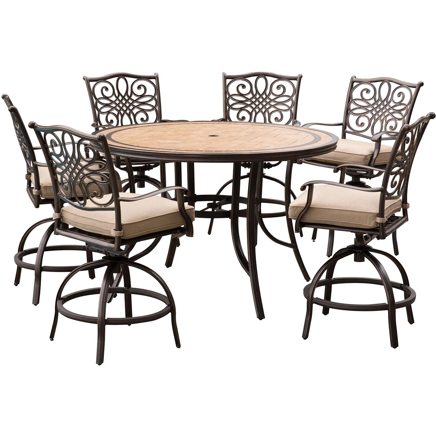 Hanover Monaco 7Piece HighDining Set in Tan with a 56 in. Tiletop Table and 6 Swivel Chairs