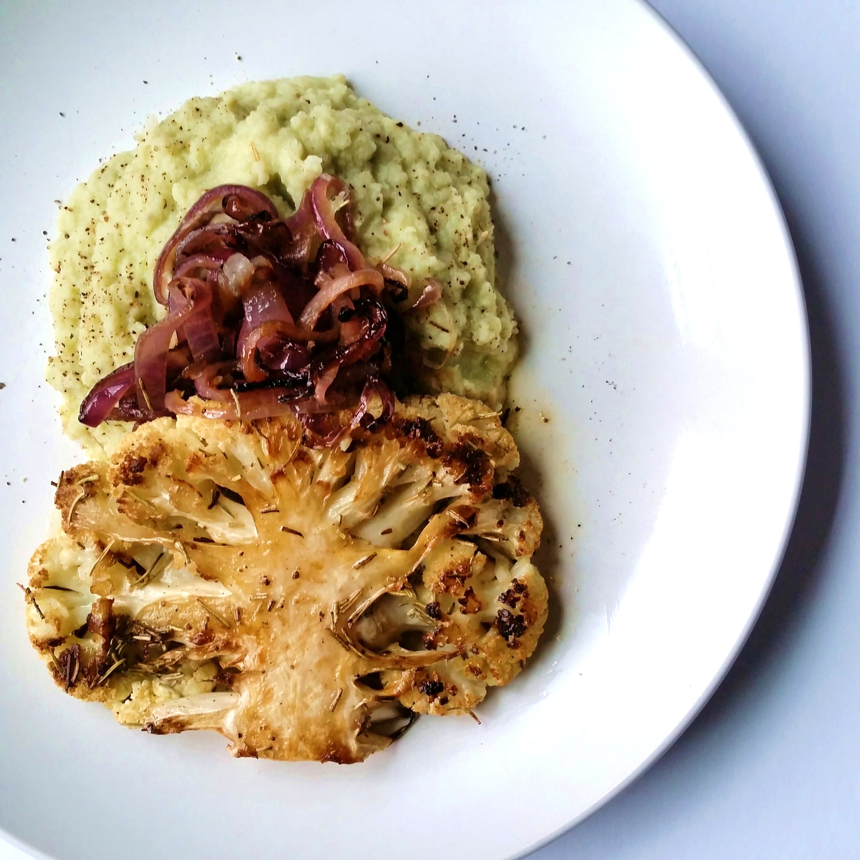rosemary cauliflower steaks with cauliavocado purée and caramelized
