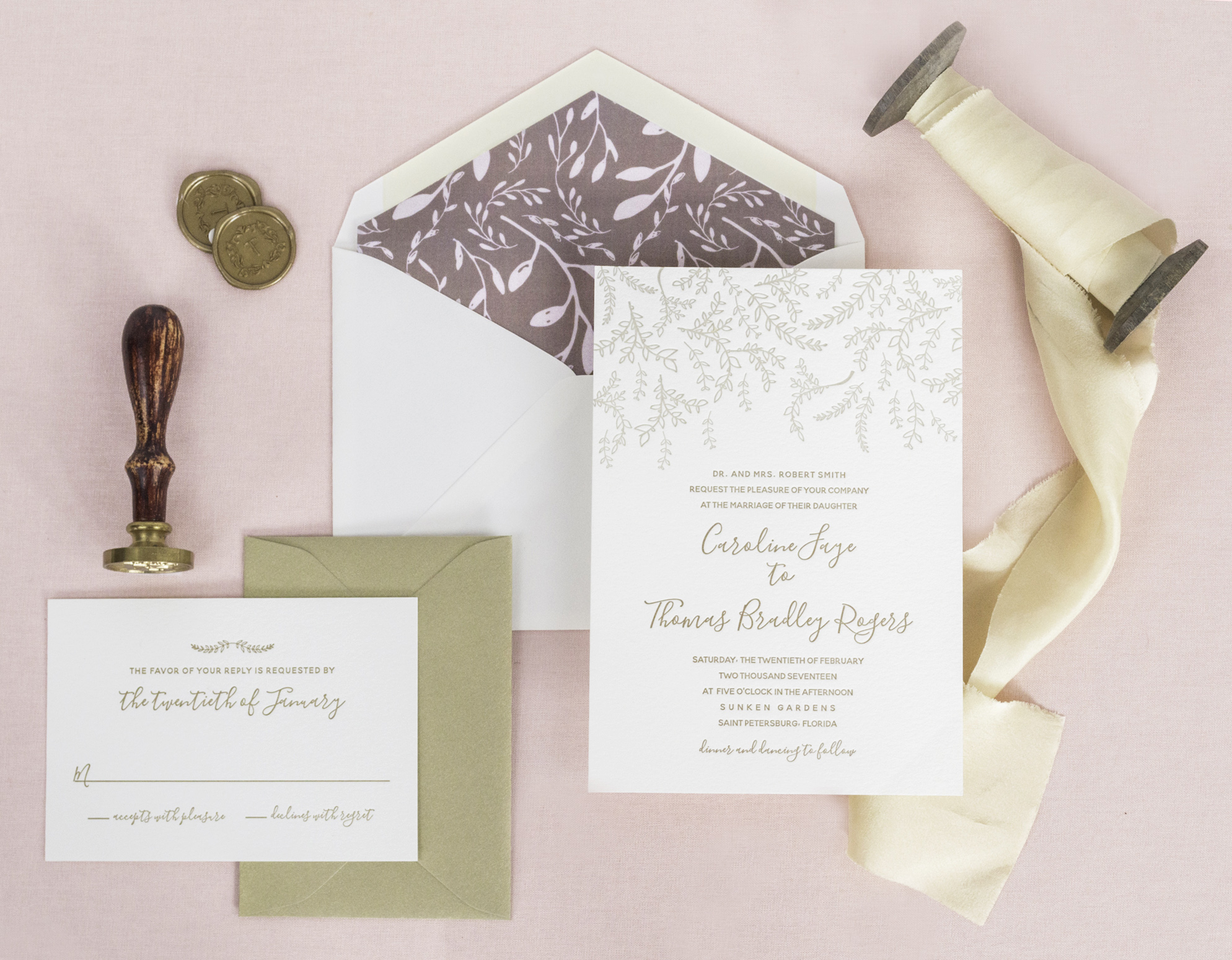 Modern Organic Sunken Garden Letterpress Wedding Invitations