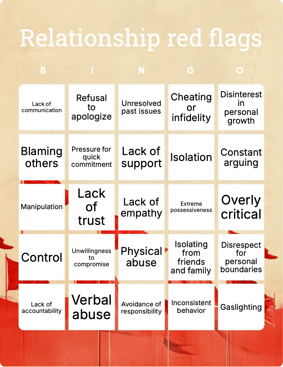 Relationship Red Flags Bingo Printable & Customizable Bingo Card Creator