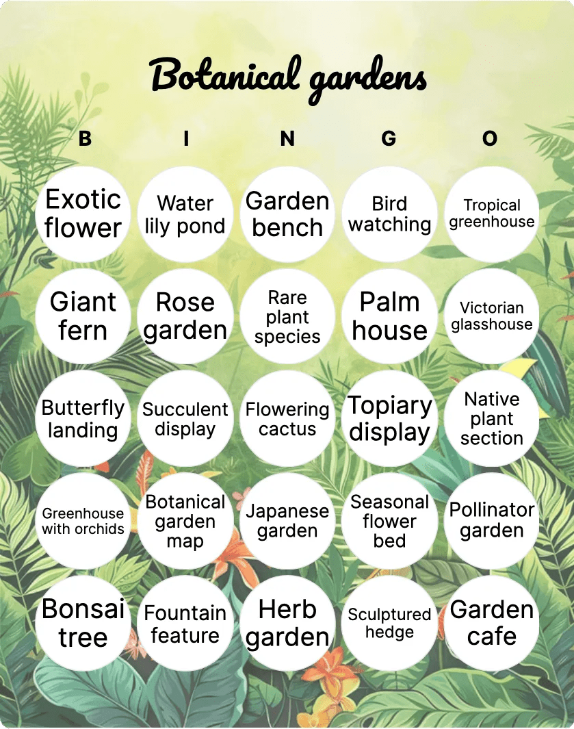 Botanical Gardens Bingo Printable & Customizable Bingo Card Creator