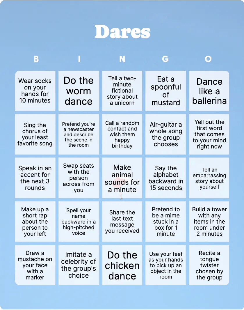 Dares Bingo Printable & Customizable Bingo Card Creator