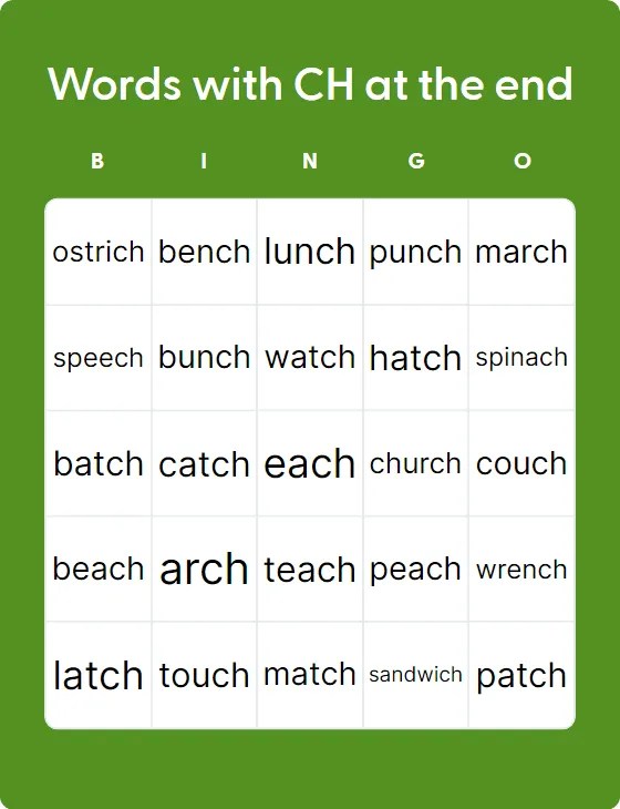 Words With CH At The End - Bingo Card Creator