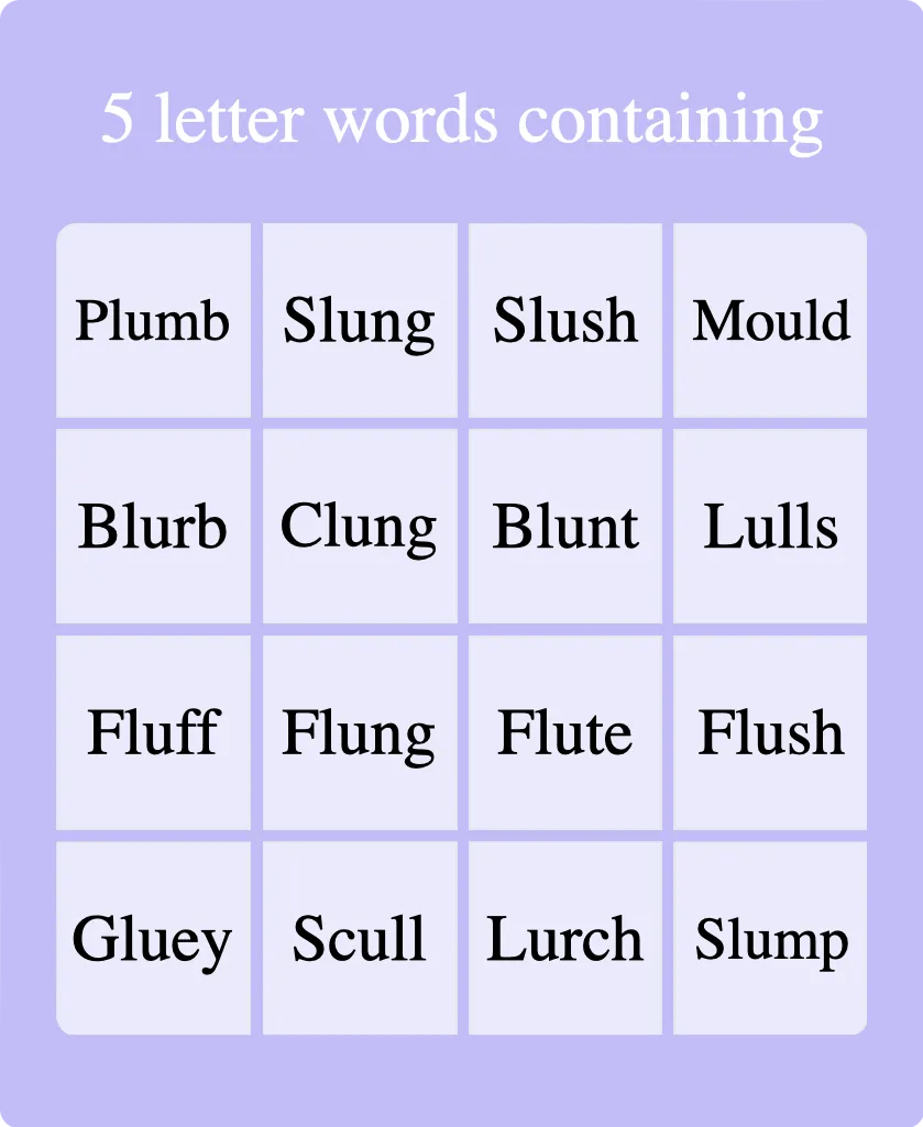 5 Letter Words Containing LU - Bingo Card Creator