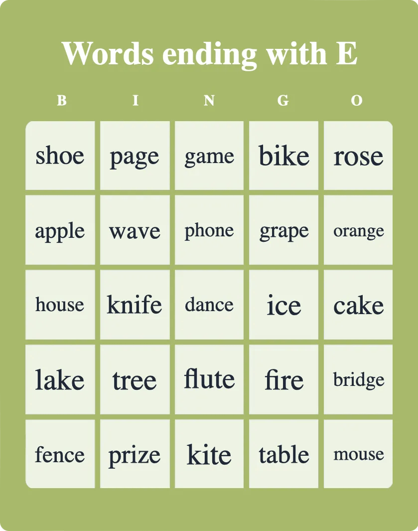 Words Ending With E - Bingo Card Creator