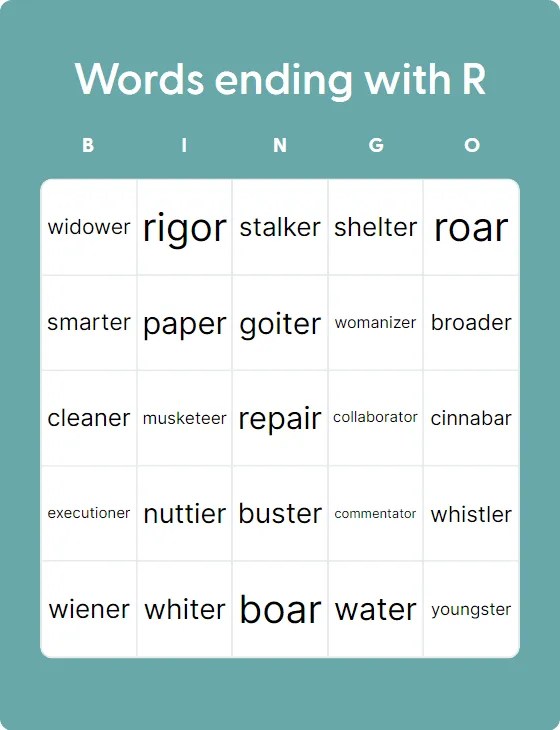 Words Ending With R Bingo Card Creator