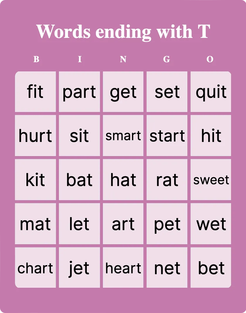 Words Ending With T Bingo Card Creator